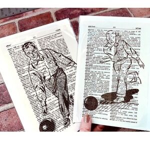 Bowling Theme Upcycled Dictionary Art Prints Lot of 2 Sports Decor Vintage OOAK